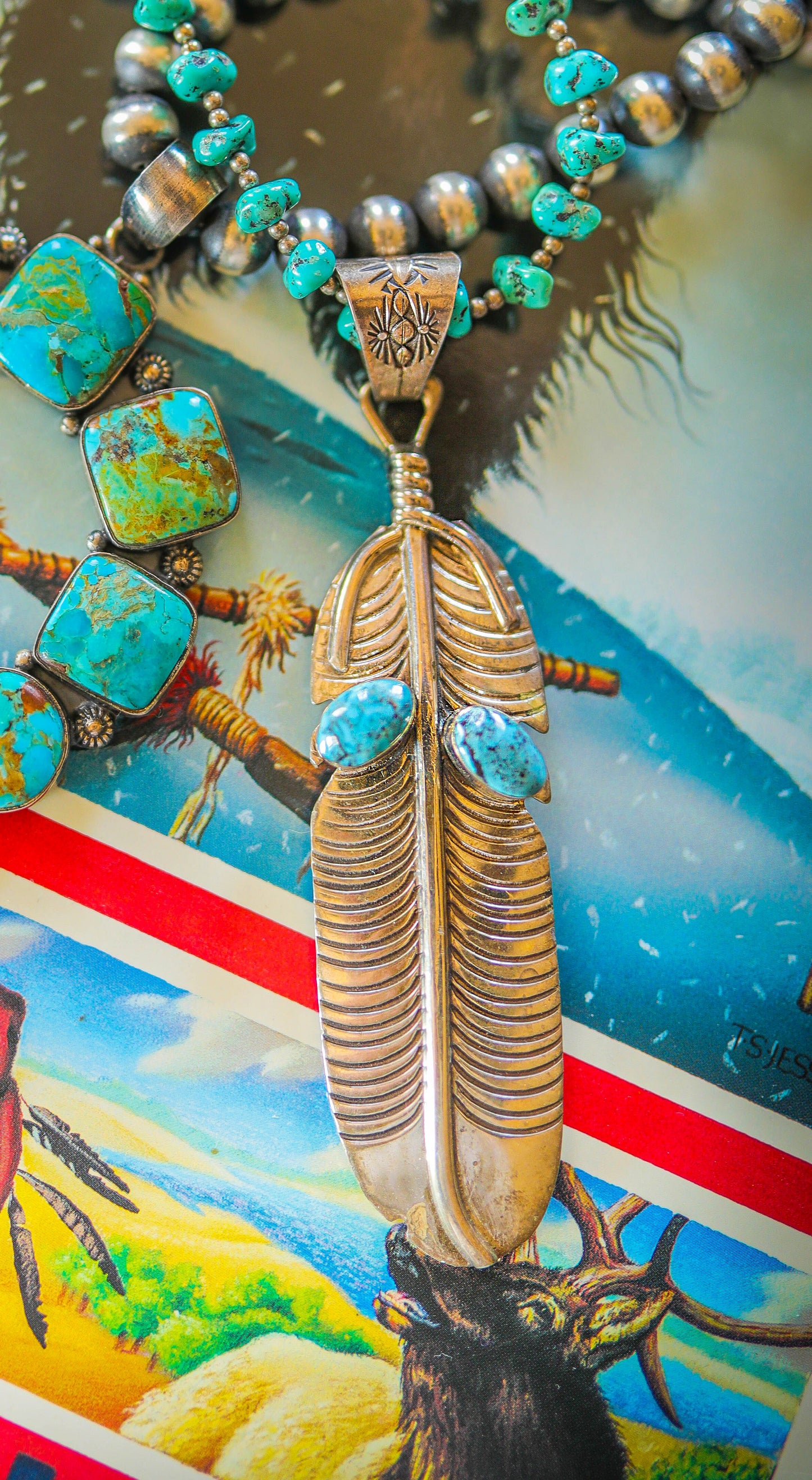 Feather Turquoise Statement Pendant