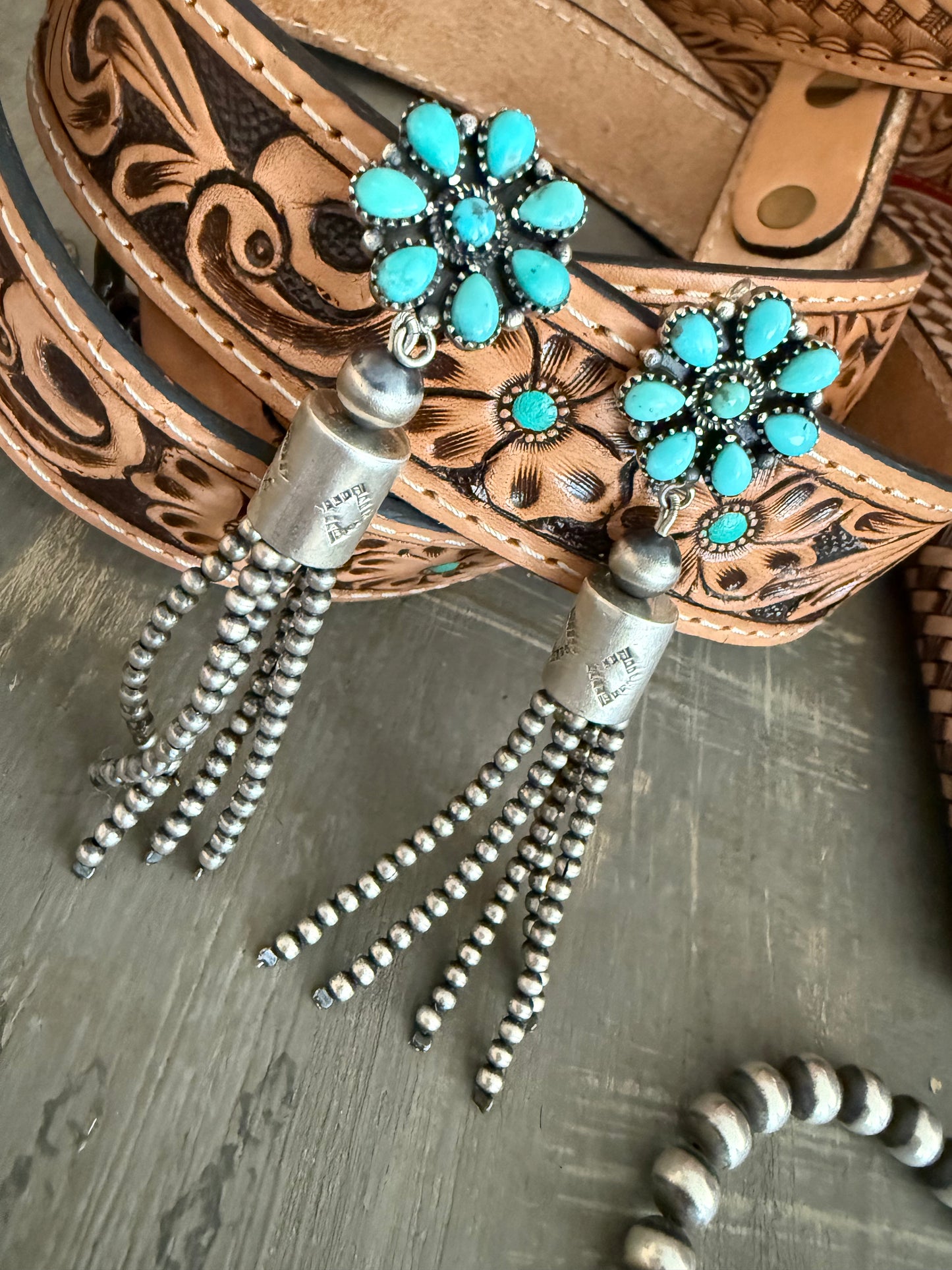 Turquoise Cluster Sterling Silver Engraved Dangle Earrings