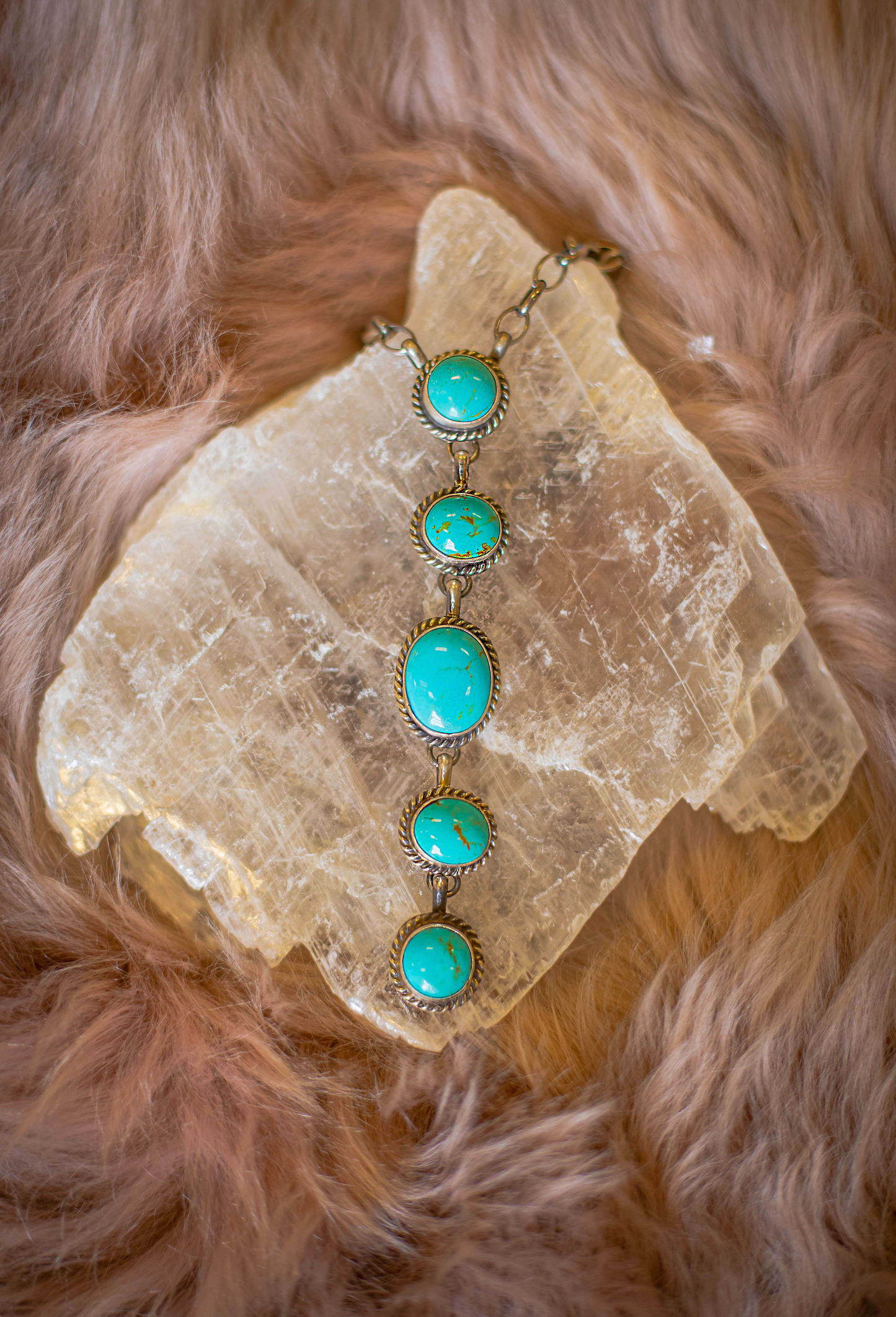 5 Stone turquoise drop necklace, in sterling silver, etched sterling silver, chain necklace