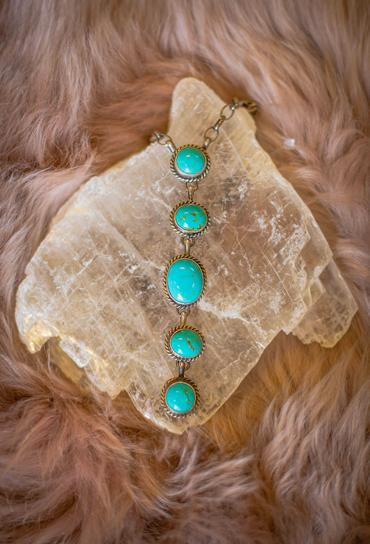 5 Stone turquoise drop necklace, in sterling silver, etched sterling silver, chain necklace