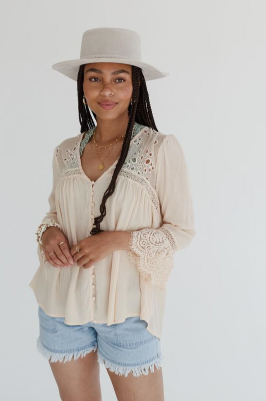 Poppy Eyelet Flowy Lace Top Dove