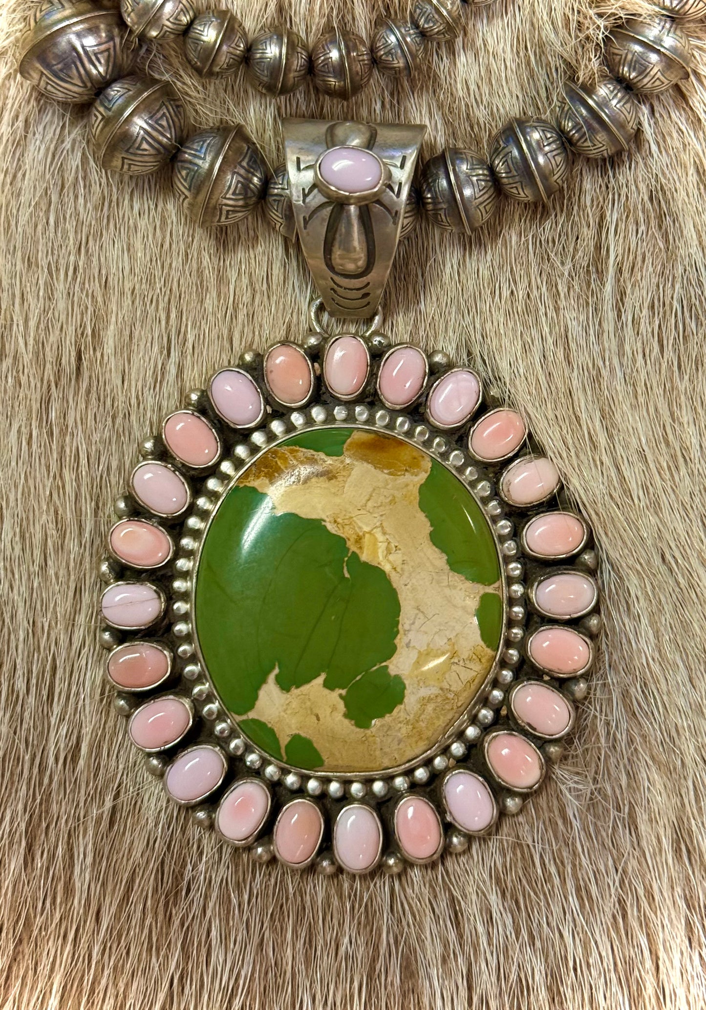 Rare Green Royston Turquoise & Pink Conch Pendant