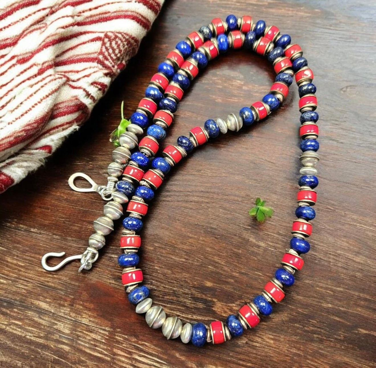 Lapis Lazuil & Red Coral 19" Sterling Silver Bench Navajo Pearl Necklace
