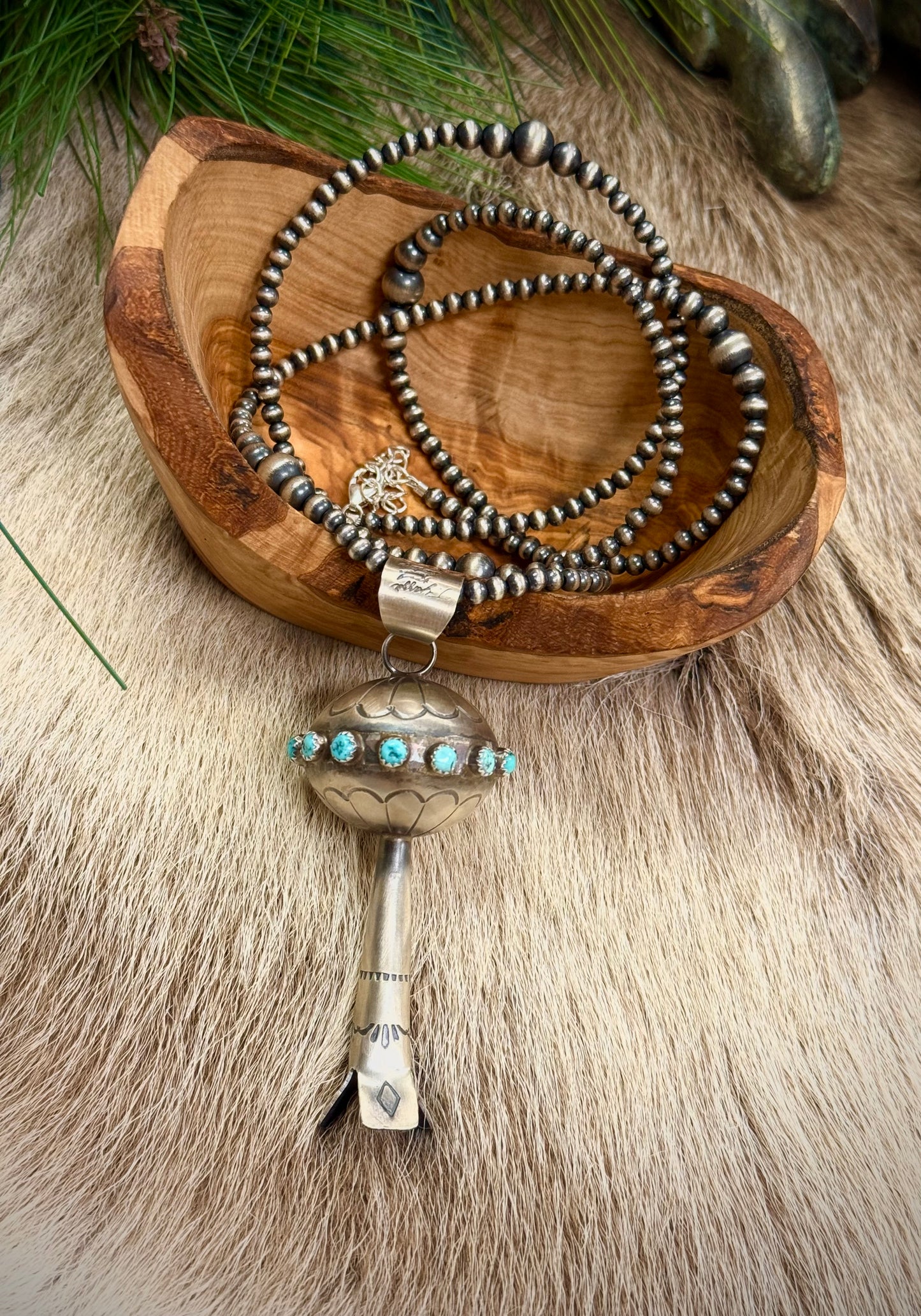 Large Squash Blossom Turquoise Pendant