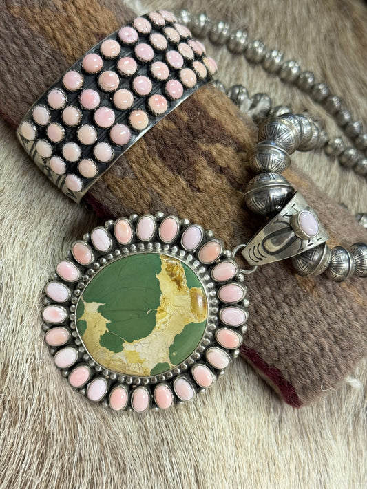 Rare Green Royston Turquoise & Pink Conch Pendant