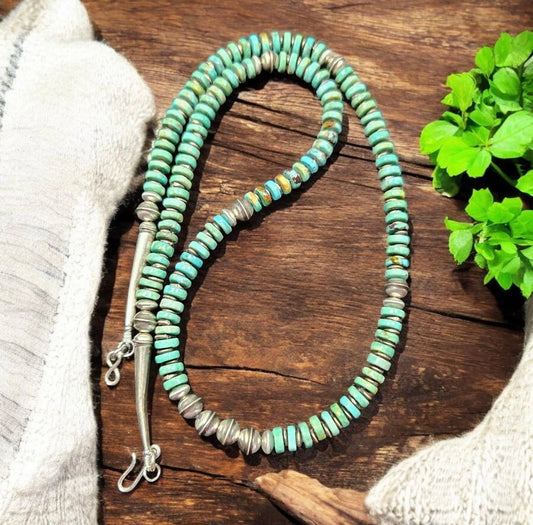 NAVAJO Pearl Kingman Turquoise Sterling Bench Beads Necklace Silver 22"