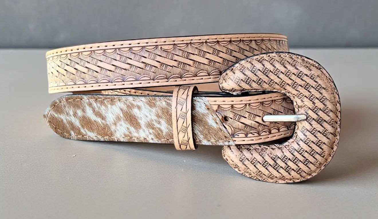 Hand Tooled Leather Belt Staps - Tan