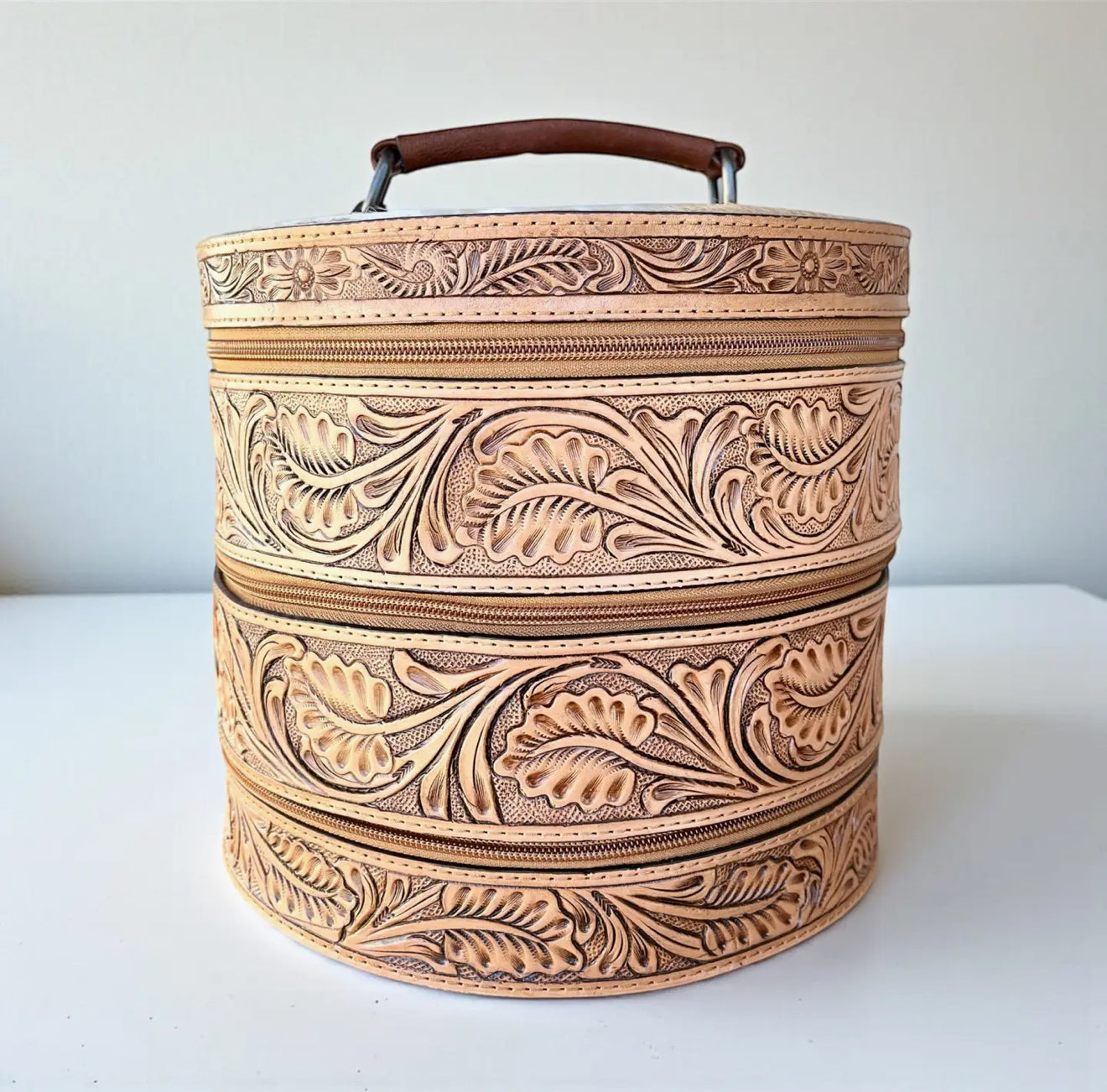 Hand Tooled Leather Jewelry Case - Tan