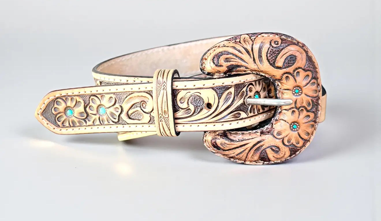 Hand Tooled Leather Belt Staps - Tan & Turquoise