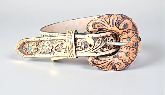 Hand Tooled Leather Belt Staps - Tan & Turquoise