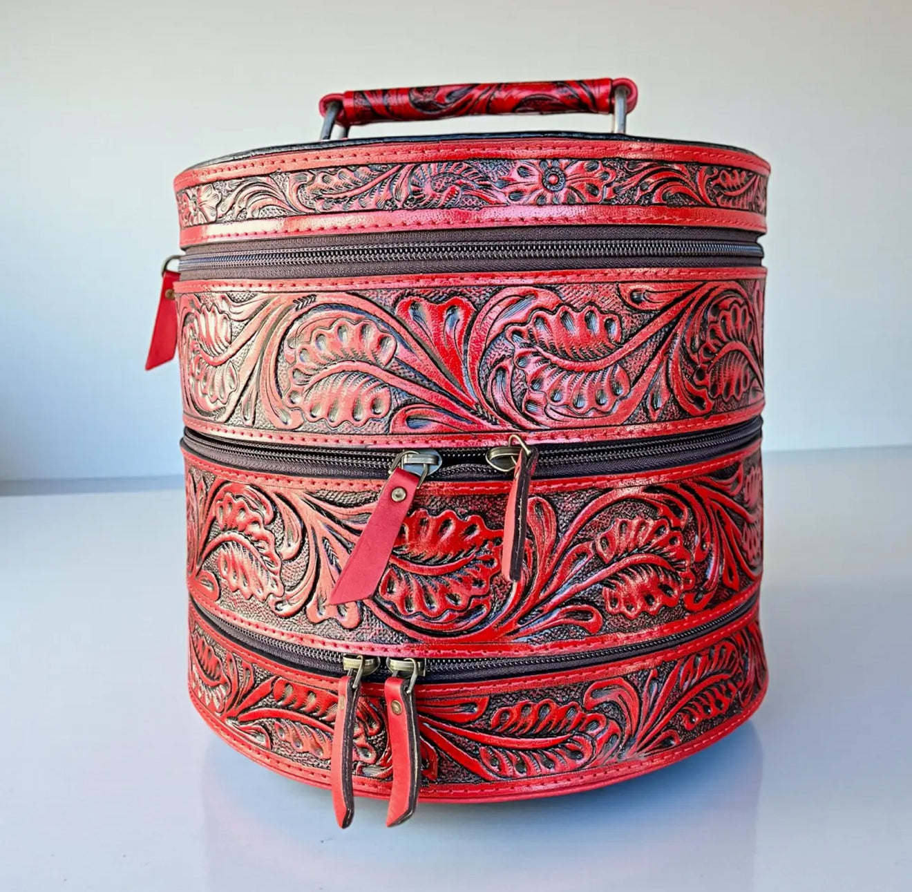 Hand Tooled Leather Jewelry Case - Red