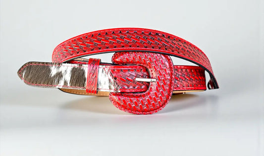 Hand Tooled Leather Belt Staps - Red