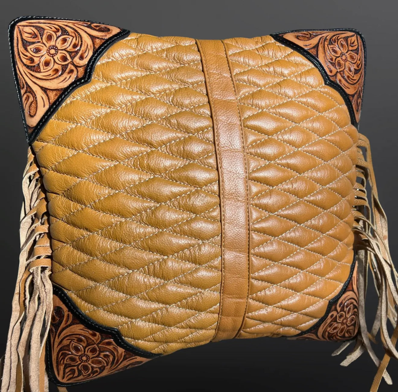 Diamond Stitch Leather Pillow with fringe 14”
