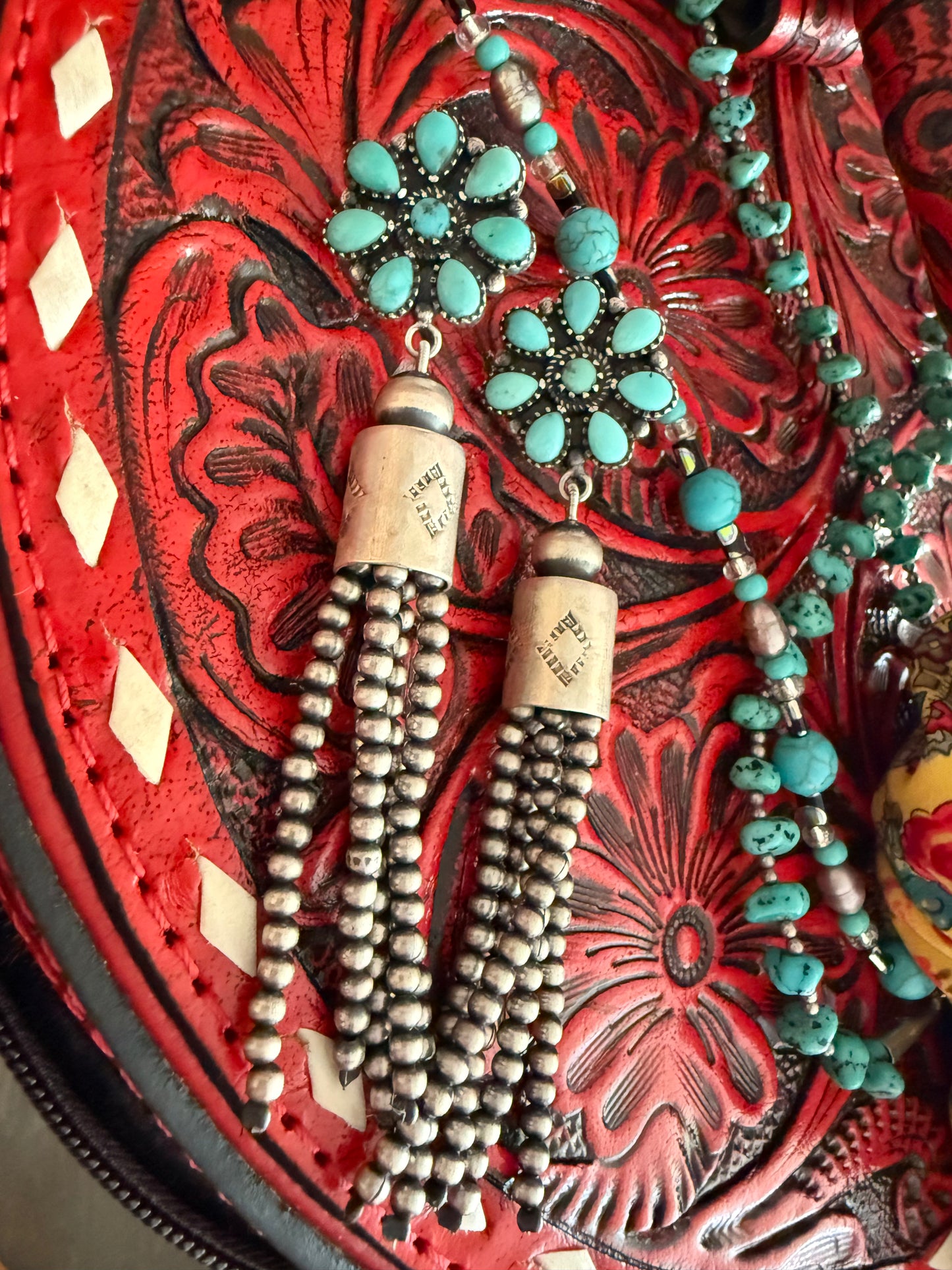 Turquoise Cluster Sterling Silver Engraved Dangle Earrings