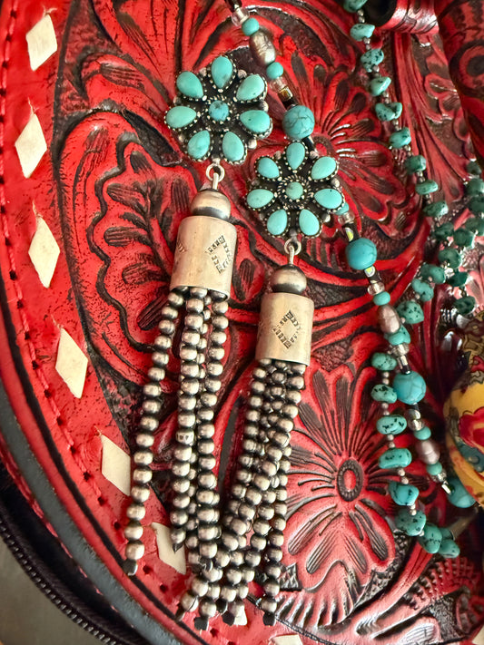 Turquoise Cluster Sterling Silver Engraved Dangle Earrings