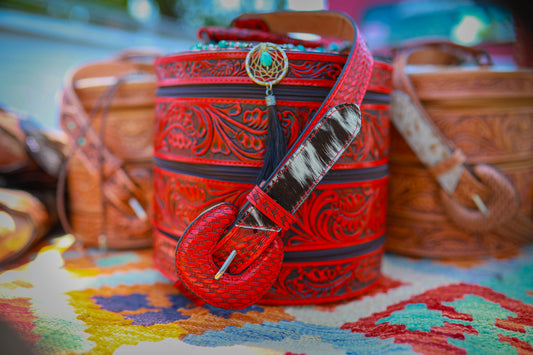 Hand Tooled Leather Jewelry Case - Red