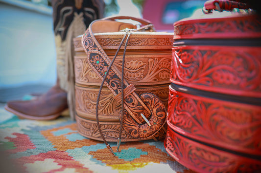 Hand Tooled Leather Jewelry Case - Tan