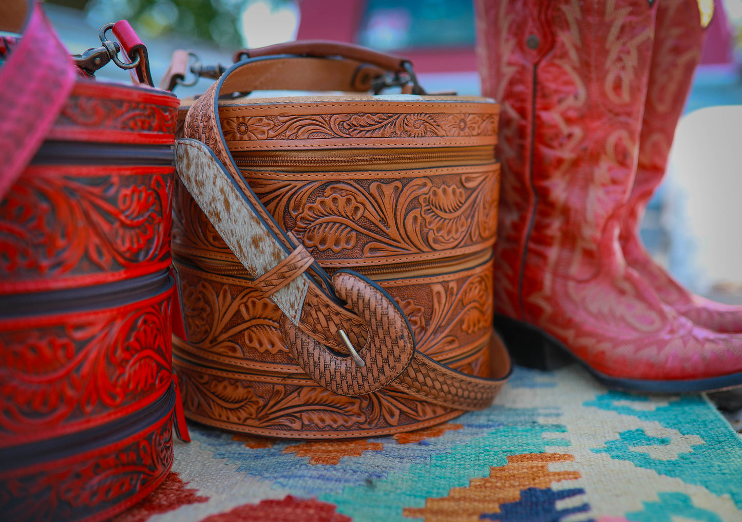 Hand Tooled Leather Jewelry Case - Tan