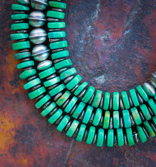 NAVAJO Pearl Kingman Turquoise Sterling Bench Beads Necklace Silver 22"