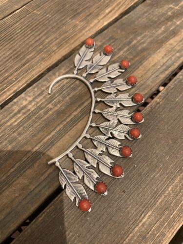 Navajo Spiny Coral Feathered Earring Cuff